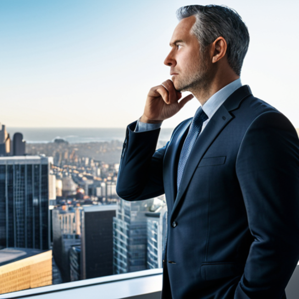 A professional policy analyst, a male in his 40s, stands contemplatively in a sunlit modern office, looking out a large window at a bustling cityscape, symbolizing long-term societal impact. He is in a modest business suit, fully clothed, appropriate attire, professional dress. One hand thoughtfully touches his chin. The office features subtle digital displays of charts and graphs in the background, representing complex data, but the primary focus is on the human element of strategic thinking and vision. The atmosphere is calm and forward-looking. Safe for work, appropriate content, perfect anatomy, correct proportions, natural pose, well-formed hands, proper finger count, natural body proportions, professional photography, high quality.