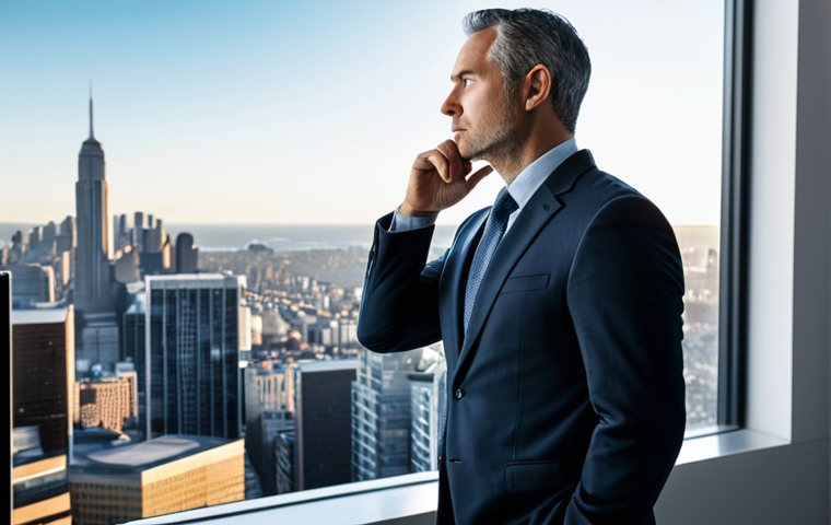 A professional policy analyst, a male in his 40s, stands contemplatively in a sunlit modern office, looking out a large window at a bustling cityscape, symbolizing long-term societal impact. He is in a modest business suit, fully clothed, appropriate attire, professional dress. One hand thoughtfully touches his chin. The office features subtle digital displays of charts and graphs in the background, representing complex data, but the primary focus is on the human element of strategic thinking and vision. The atmosphere is calm and forward-looking. Safe for work, appropriate content, perfect anatomy, correct proportions, natural pose, well-formed hands, proper finger count, natural body proportions, professional photography, high quality.