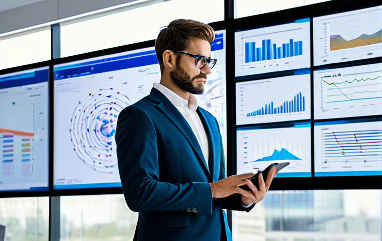 A professional policy analyst, fully clothed in a modest business suit, stands confidently in a futuristic, modern office. Large, transparent screens display intricate data visualizations, complex graphs, and advanced AI interface elements, reflecting sophisticated analytics and deep insights. The analyst is looking at a screen with a thoughtful, focused expression, holding a digital tablet. The environment is clean, bright, and technologically advanced, emphasizing innovation and data-driven decision-making. This image is safe for work, appropriate content, fully clothed, professional, and family-friendly. It features perfect anatomy, correct proportions, a natural pose, well-formed hands, proper finger count, and natural body proportions.