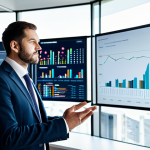 A professional policy analyst in a modest business suit, fully clothed, standing confidently in a bright, modern office with large transparent digital screens displaying complex data visualizations, charts, and graphs. The analyst is interacting with the data displays, deep in thought, showcasing analytical expertise. The environment is clean and organized. Professional photography, high resolution, soft studio lighting. safe for work, appropriate content, perfect anatomy, correct proportions, natural pose, well-formed hands, proper finger count, natural body proportions, appropriate attire, modest clothing, family-friendly.