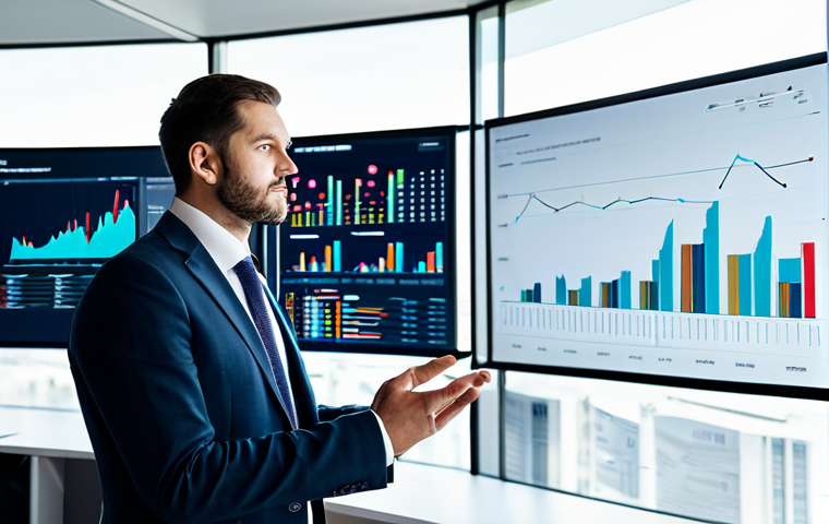 A professional policy analyst in a modest business suit, fully clothed, standing confidently in a bright, modern office with large transparent digital screens displaying complex data visualizations, charts, and graphs. The analyst is interacting with the data displays, deep in thought, showcasing analytical expertise. The environment is clean and organized. Professional photography, high resolution, soft studio lighting. safe for work, appropriate content, perfect anatomy, correct proportions, natural pose, well-formed hands, proper finger count, natural body proportions, appropriate attire, modest clothing, family-friendly.