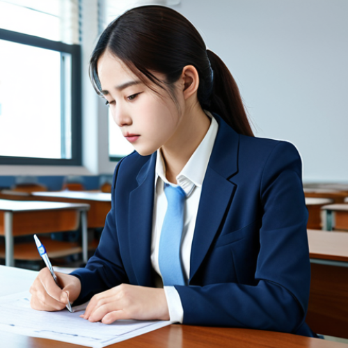 시험 집중**

A young professional woman wearing modest business attire, focused intently on an exam paper in a brightly lit, clean examination hall. She has well-formed hands and proper finger count, perfect anatomy, and correct proportions. Other candidates are subtly visible in the background, all fully clothed and exhibiting appropriate attire. The scene emphasizes concentration and preparation. Safe for work, appropriate content, fully clothed, professional. High quality.

**