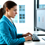 **

A professional woman in a modest business suit, analyzing data on a computer in a bright, modern office. Soft natural lighting. Professional attire, fully clothed, safe for work, appropriate content. Perfect anatomy, correct proportions, natural pose. High quality, professional photography.

**