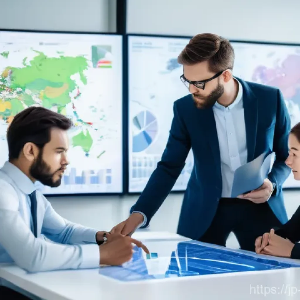 정책분석사 자격증 취득 후 해외 진출 - A group of diverse policy analysts, both male and female, professionally dressed in modern business ...