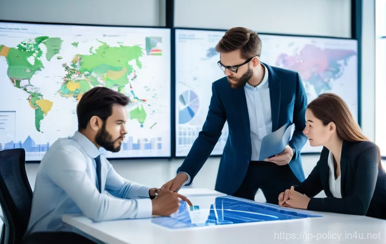 정책분석사 자격증 취득 후 해외 진출 - A group of diverse policy analysts, both male and female, professionally dressed in modern business ...