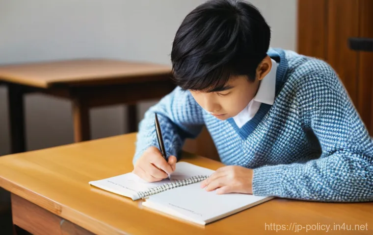 정책분석사 시험 대비 모의고사 활용법 - **Prompt:** A young, focused Japanese student, gender-neutral, sitting at a clean wooden desk bathed...