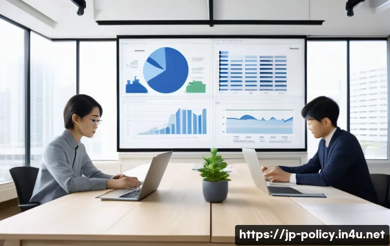 정책분석사 직무 역량 강화 방법 - A modern Japanese office scene where a diverse team of professionals, wearing smart casual attire, c...