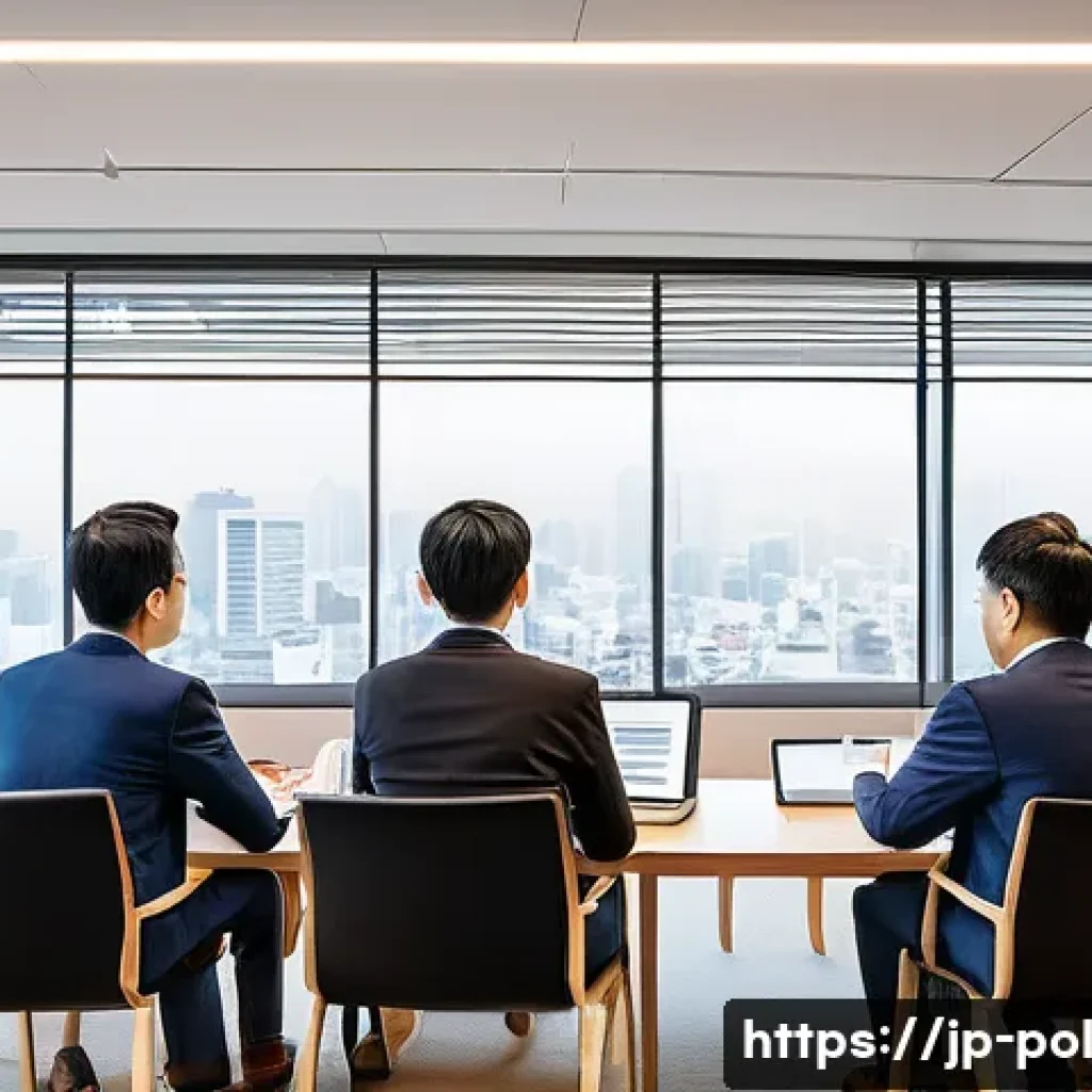 정책분석사와 정책 사례와 성공 요인 분석 - A modern Japanese community meeting scene focused on policy discussion, featuring diverse participan...