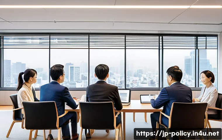 정책분석사와 정책 사례와 성공 요인 분석 - A modern Japanese community meeting scene focused on policy discussion, featuring diverse participan...