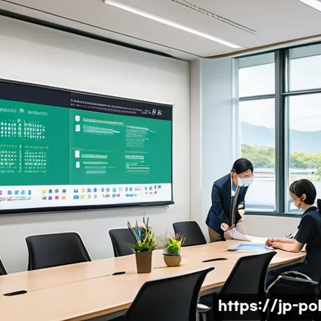 정책분석사와 공공기관의 정책 설계 사례 - A modern Japanese local government office scene where diverse officials are engaged in a lively work...