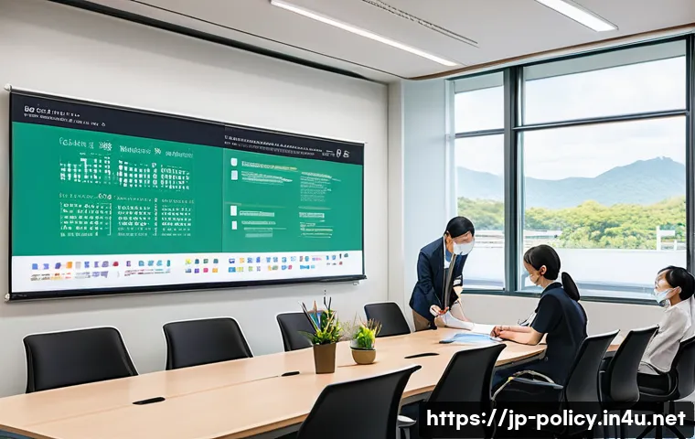 정책분석사와 공공기관의 정책 설계 사례 - A modern Japanese local government office scene where diverse officials are engaged in a lively work...