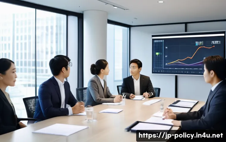 정책분석사 협상력 키우는 법 - A modern Japanese business meeting scene with diverse stakeholders around a sleek conference table, ...
