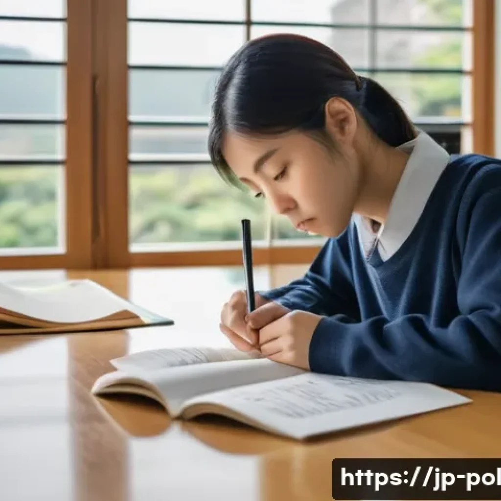 정책분석사 실기 시험 노하우 - A focused Japanese student sitting at a clean desk in a modern study room, reading a detailed exam q...