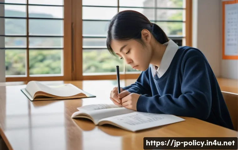 정책분석사 실기 시험 노하우 - A focused Japanese student sitting at a clean desk in a modern study room, reading a detailed exam q...