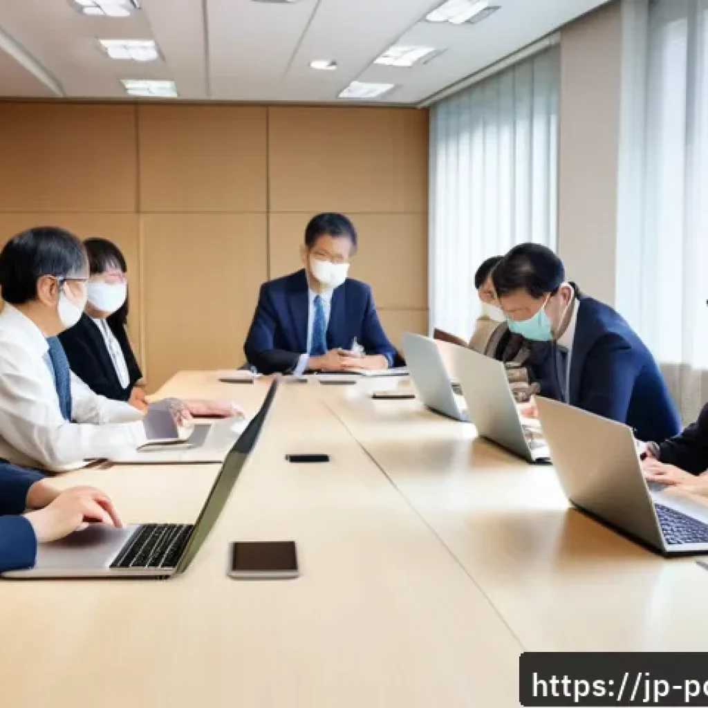 정책분석사와 정책 테스트 사례 - A modern Japanese government office setting where diverse stakeholders including local residents, ex...