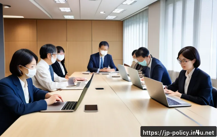 정책분석사와 정책 테스트 사례 - A modern Japanese government office setting where diverse stakeholders including local residents, ex...