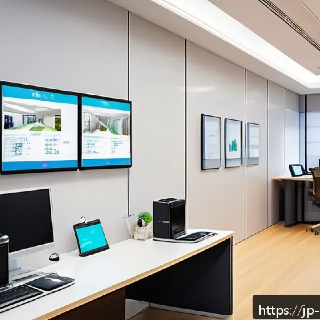 정책분석사와 최신 정책 트렌드 - A modern Japanese government office with diverse people using digital devices for online administrat...