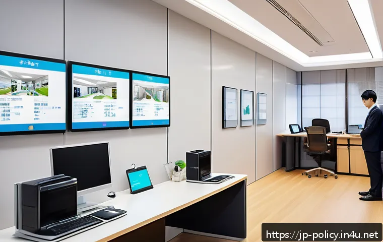 정책분석사와 최신 정책 트렌드 - A modern Japanese government office with diverse people using digital devices for online administrat...