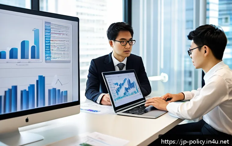 정책분석사로 일하기 위해 필요한 자격 - A modern Japanese office scene showing a diverse group of professionals engaged in policy analysis w...