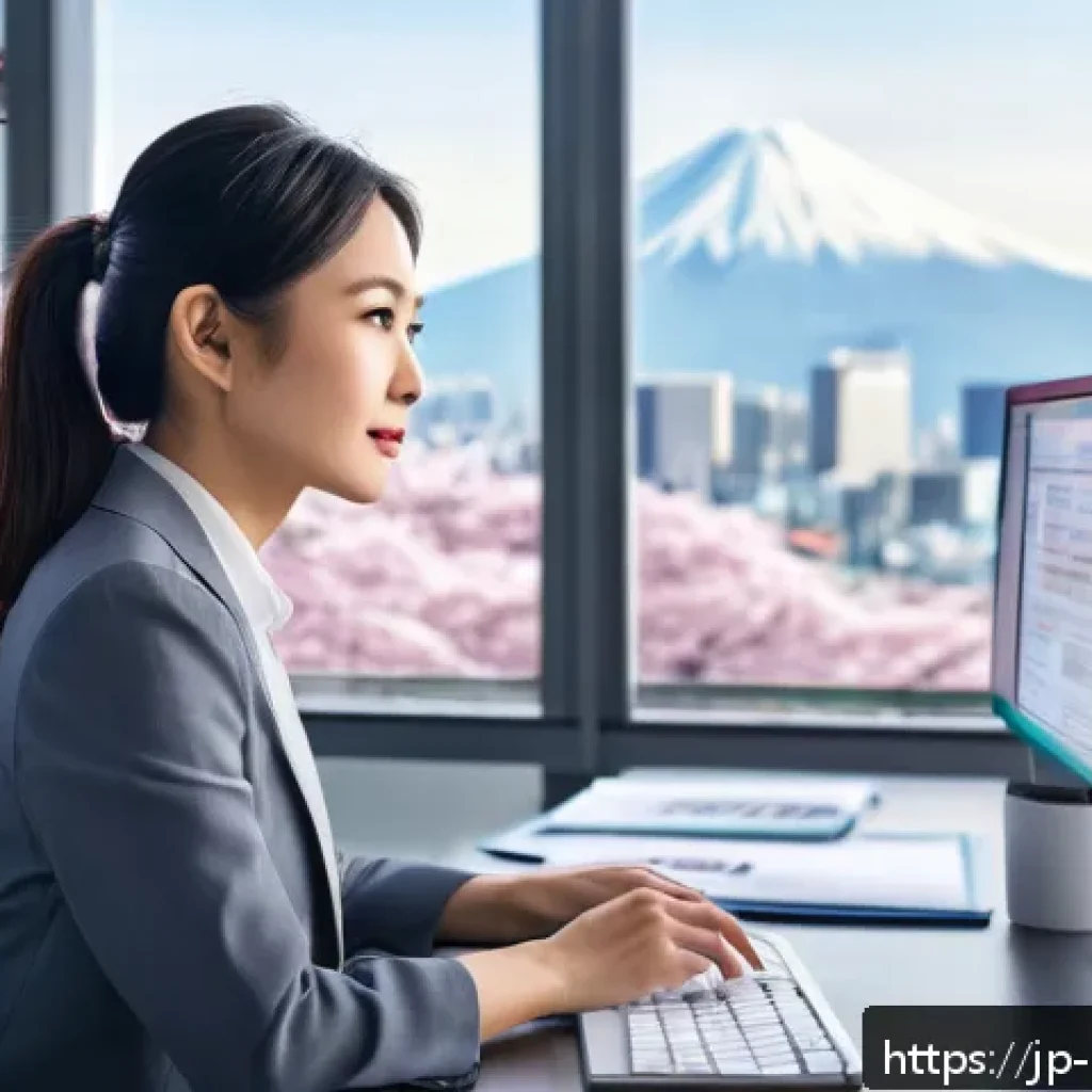 정책분석사와 데이터 활용 사례 연구 - A modern Japanese office scene showing a data analyst woman in her 30s wearing business casual attir...