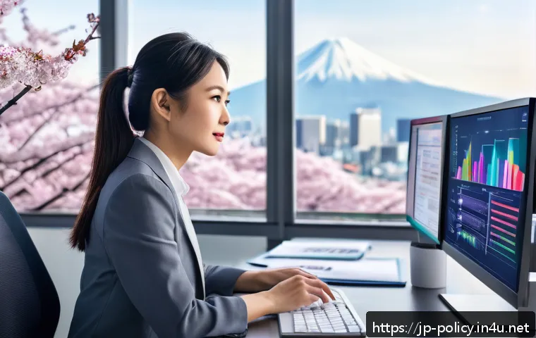 정책분석사와 데이터 활용 사례 연구 - A modern Japanese office scene showing a data analyst woman in her 30s wearing business casual attir...
