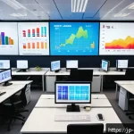 정책분석사와 데이터 분석의 기본 - A modern Japanese office scene with diverse professionals analyzing data on large digital screens sh...