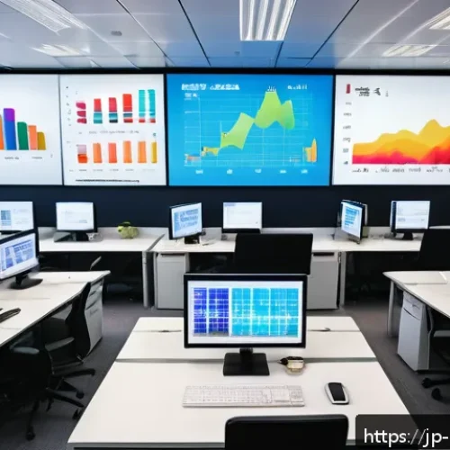 정책분석사와 데이터 분석의 기본 - A modern Japanese office scene with diverse professionals analyzing data on large digital screens sh...