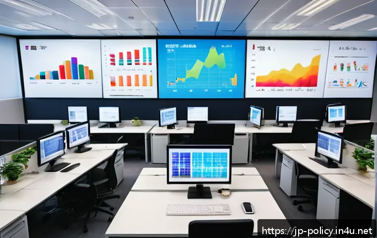 정책분석사와 데이터 분석의 기본 - A modern Japanese office scene with diverse professionals analyzing data on large digital screens sh...