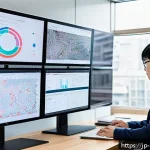 정책분석사 채용 시장의 변화와 전망 - A modern Japanese policy analyst working diligently in a bright, minimalist office filled with multi...