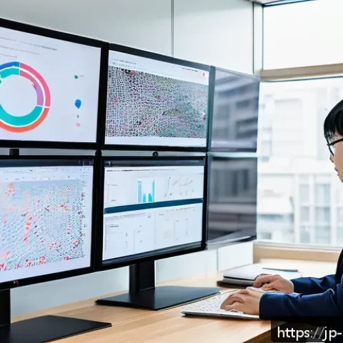정책분석사 채용 시장의 변화와 전망 - A modern Japanese policy analyst working diligently in a bright, minimalist office filled with multi...