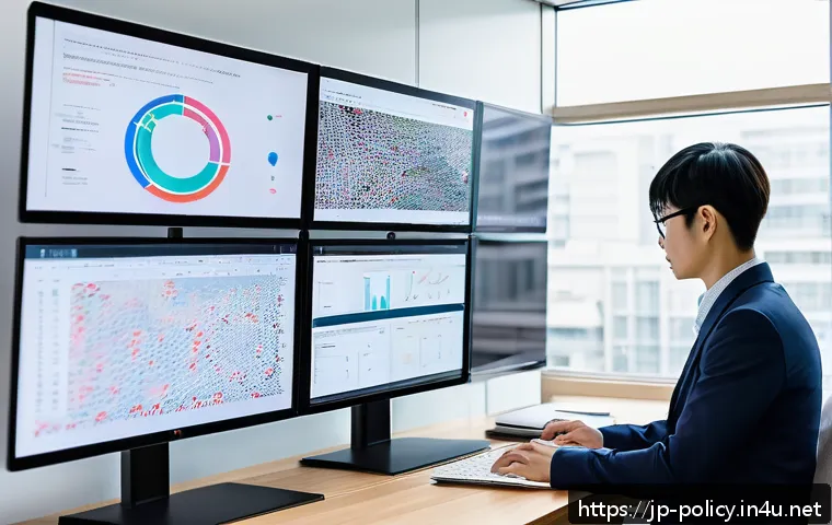 정책분석사 채용 시장의 변화와 전망 - A modern Japanese policy analyst working diligently in a bright, minimalist office filled with multi...