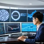 정책분석사 연봉 인상 사례 - A modern Japanese policy analyst working diligently at a sleek office desk surrounded by multiple di...