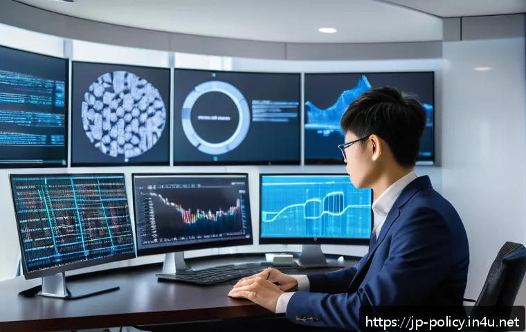 정책분석사 연봉 인상 사례 - A modern Japanese policy analyst working diligently at a sleek office desk surrounded by multiple di...