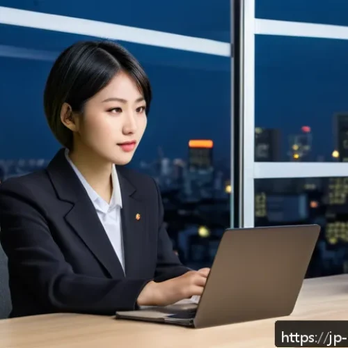 정책분석사 필수 역량과 스킬 - A modern Japanese policy analyst office scene, featuring a young professional woman with short black...