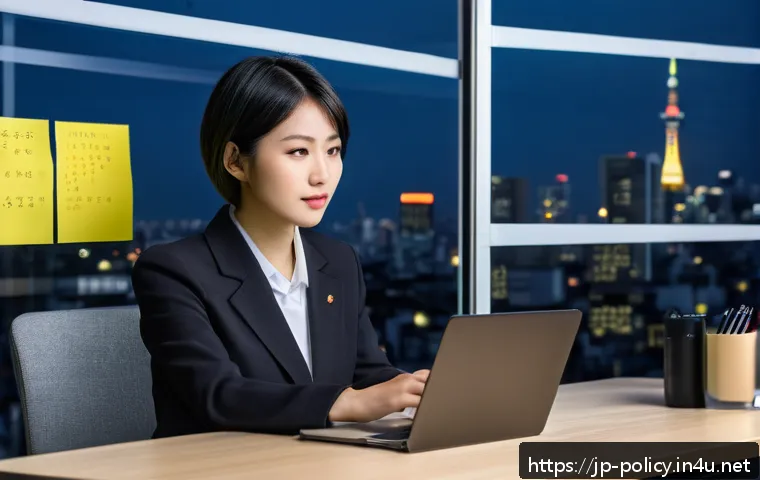 정책분석사 필수 역량과 스킬 - A modern Japanese policy analyst office scene, featuring a young professional woman with short black...