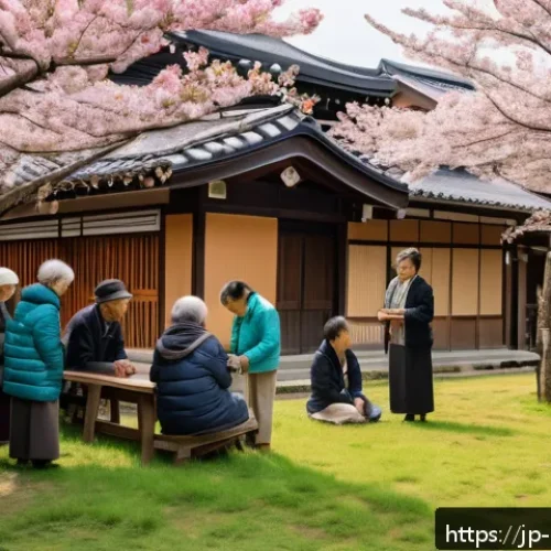 정책분석사와 지역 정책 연구 - A vibrant Japanese rural town scene showcasing a community workshop held outdoors under cherry bloss...