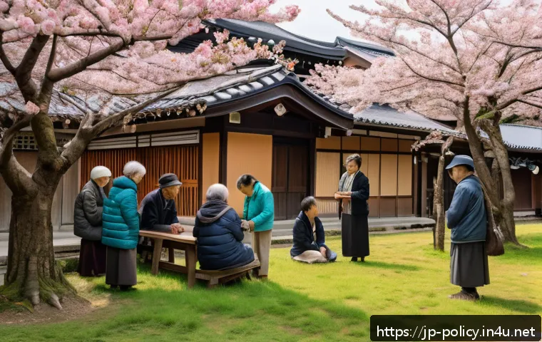 정책분석사와 지역 정책 연구 - A vibrant Japanese rural town scene showcasing a community workshop held outdoors under cherry bloss...