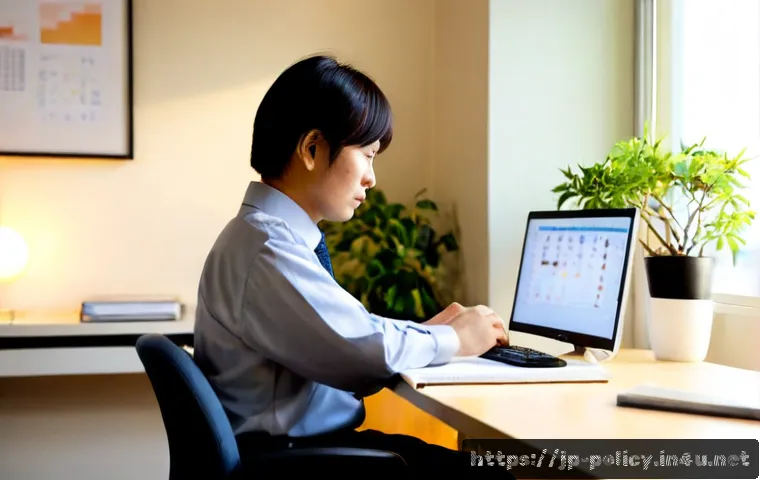 정책분석사 워라밸 실현 가능한가 - Photorealistic Japanese policy analyst in a calm modern office, seated at an organized desk with abs...