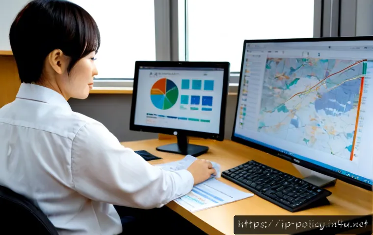 정책분석사 업무 관련 소프트웨어 - Photorealistic policy analyst working at a clean modern desk, dual widescreen monitors displaying ab...